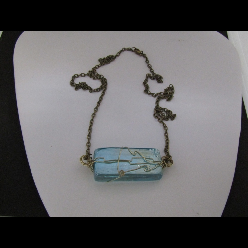 Sea Blue Glass Tile Bronze necklace